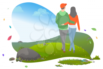 Young casual couple hugging and walking on meadow with green grass. People on romantic date outdoors in mountains, nature view vector illustration. Mountain tourism. Flat cartoon