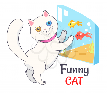 Funny white cat looking at aquarium with fish, transparent tank with water and cute feline kitten in pink collar vector illustration isolated on light