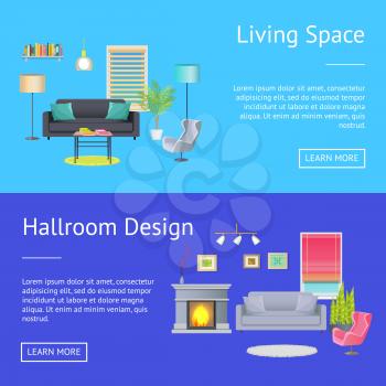 Living space and hallroom design, webpages with button read more and sample text, collection with decorated rooms isolated on vector illustration