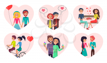 Couples and time spent together, loving people and activities, man and woman holding balloon in shape of heart, isolated on vector illustration