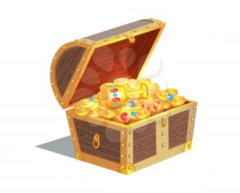 Beautiful wooden treasure chest with golden rivets vector illustration with lot of various coins, brilliant and glossy cup isolated on white backdrop