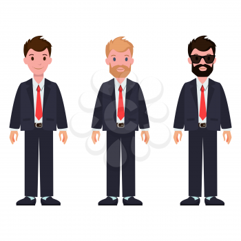 Set of cartoon characters in classic suit and tie, with different hairstyle and color, with beard and glasses vector illustration isolated on white