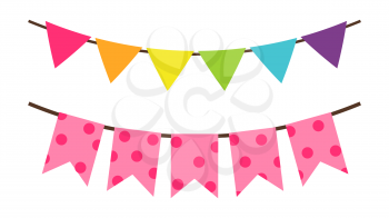 Colorful birthday flags decoration for party vector decorative elements isolated on white background. Multicolor triangular bright paper garlands