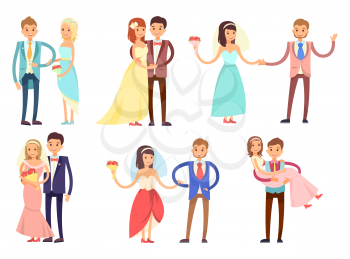 Happy couples composed of women in gowns and veils who hold bouquets, and men in stylish suits cartoon vector illustrations set.