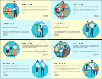Office work and working task, collection of web pages with text sample and headlines, images of people doing job, isolated on vector illustration
