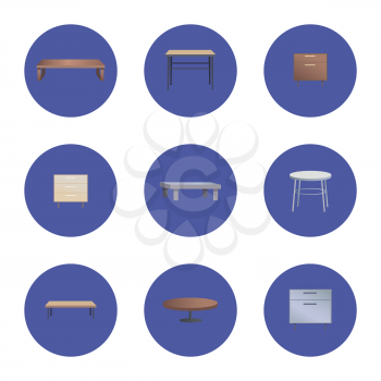 Fashionable modern convenient wooden coffee and bedside tables inside blue circles isolated cartoon flat vector illustrations set on white background.