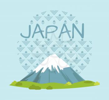 Japan travelling promotional poster with high mountain that has snowy top and fresh grass at foothills and circle with ornament vector illustration.