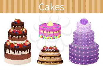 Cakes various delicious desserts vector illustration of different shapes pies with chocolate strawberries and red cherries, fruits and tasty frosting