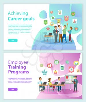 Achieving career goals, people holding golden cup web page. Employee training programs, people working with laptop and man standing near board vector. Website or webpage template, landing page in flat