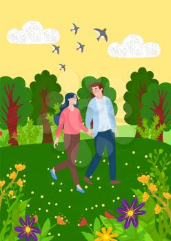 People in love in park vector, person with beloved on nature, flying swallows and trees with big trunks, romantic scenery and landscape blooming flora