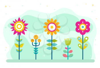 Summer blossom vector, flourishing flowers with stables and foliage. Nature in spring, diversity of flora and decoration, natural greenery and frondage