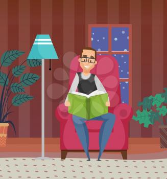 Smiling man reading book, dark and snowing view from window, lamp and house-plant. Portrait view of sitting male on armchair with novel, hobby vector
