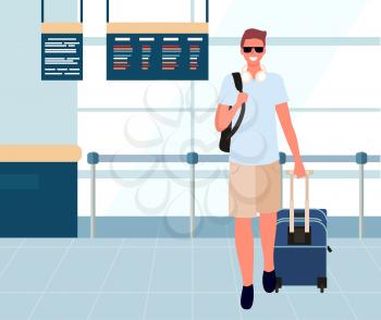 Smiling man traveler with baggage standing in arrival or departure lounge. Male tourist with backpack in airport, person with bag near scoreboard vector