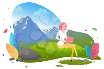 Woman working as distant worker vector, lady traveling in mountains. Female character with foliage and greenery of nature, traveling alone flat style. Mountain tourism. Flat cartoon