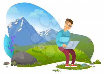 Man traveling and working online vector, male with laptop sitting on lawn surrounded by mountains. Character coding and programing while travel flat style. Mountain tourism. Flat cartoon