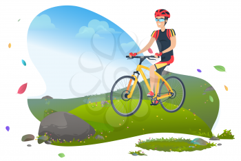 Man riding bike vector, person leading active lifestyle traveling and keep heat on level. Activity on weekends, nature with greenery and grass lawn. Mountain tourism. Flat cartoon