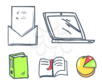 Office paper and laptop book with bookmark isolated icons set vector. Pie diagram, laptop screen monitor and message with page, sheet of paper file