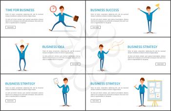 Time for business, success and strategy posters set vector. Boss with award in hand, prize for hard work. Leader of company, showing plan on page