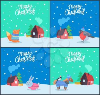 Merry Christmas fox and bunny posters set vector. Bullfinch wearing hat, animals and winter houses, snowing weather. Decorated pine and wooden fence