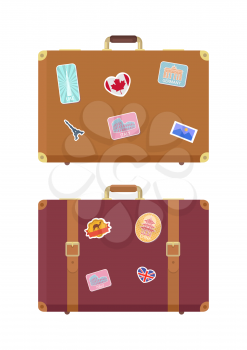 Luggage travel bags with stickers isolated icons set vector. France and Britain flag, UAE building, Italy Rome. Ancient Colosseum sign on luggage