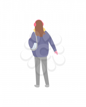 Standing back brunette person in jacket with scarf and pink earmuffs with mittens, colorful simple vector illustration in flat style isolated on white