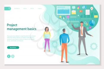 Project management basics vector, boss teaching new workers. Social trends and icons, infographics with data information, video and gear process. Website or webpage template, landing page flat style
