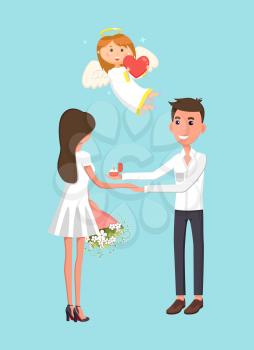 Valentines day, romantic proposal or engagement, cupid angel vector. Guy with ring and girl with bouquet, love and relationship, marriage and family