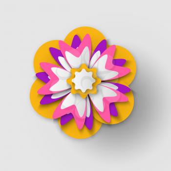 Paper cut origami of flower, colorful blossom ornament with shadow, 3d view of floral symbol, greeting or poster decorated by bouquet, festive vector