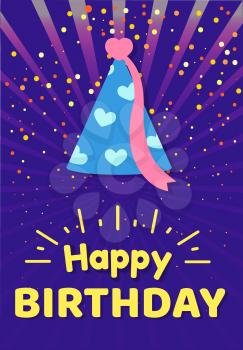 Happy birthday celebration vector, card with greeting text and cap with pink stripe ribbon and heats print on blue. Confetti and flying decorations