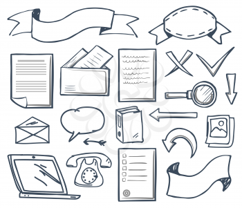 Office supplies with banners isolated set vector. Cross and check mark, magnifying glass and old fashioned telephone, laptop screen and though bubble