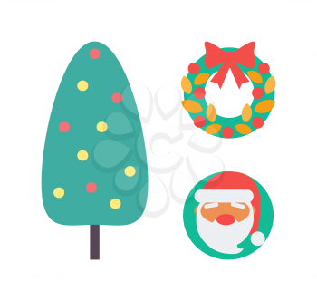 Christmas tree and decoration, wreath made of leaves isolated icons set vector. Santa Claus grand Frost, bows and ribbon, garland and ball round toys