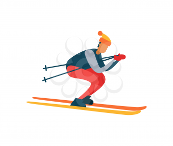 Experienced skier on fast skis moving downhill with help of sticks winter activity poster with man in hat vector illustration isolated on white