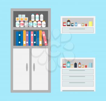 Vet bottles and drugs placed in cabinet, chest of drawers of vet clinic vector. Books and files of doctors, patients cases and medications treatment