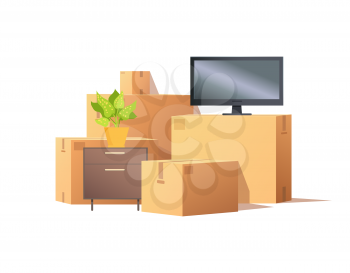 Move in relocation, furniture and carton boxes with personal belonging vector. Containers with things, chest of drawers with plant, tv set screen