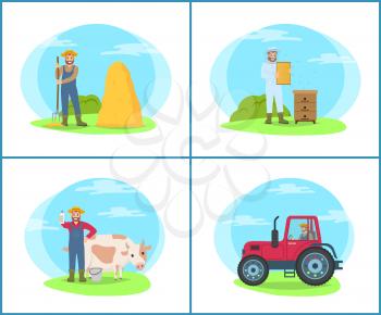 Farming people working at lands set vector. Tractor agricultural machine for cultivation of field. Man with cow and dairy product, milk and bee honey