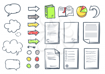 Office paper and thought bubble isolated icons set vector. Arrows and pointers, arrowheads and diagrams, books with bookmarks pages line art style