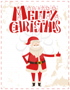 Merry Christmas Santa Claus showing ok sign or approval gesture. Wintertime vector greeting card with New Year cartoon character sticker on grunge backdrop