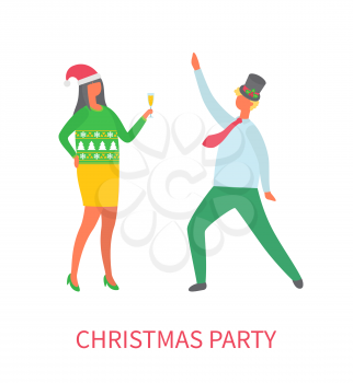 Christmas party couple of man and woman dancing and drinking vector. Lady holding glass with champagne, man with hat decorated with mistletoe leaf
