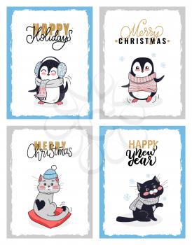 Cartoon animals in winter cloth. Merry Christmas cards from vector penguin in knitted sweater and cat with black heart on its back sitting on pillow