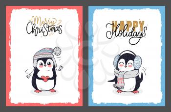 Merry christmas and happy holidays postcards. Penguins dressed in knitted gray scarf, winter hat and ear muffs, calligraphic lettering with snowflakes