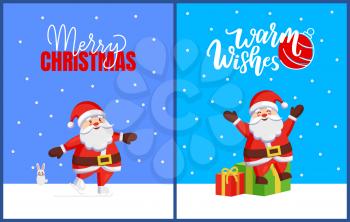 Merry Christmas Set of Cards with Santa and Bunny. Vector cartoon image of Jack Frost with hare helper. Joyful Father Christmas sitting on gift boxes