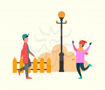 Atumn meeting friends. Girl in pink sweater and in warm color hat. Boy in red jacket and green cap near brush and lantern with fence vector illustration