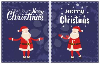 Merry Christmas Santa Claus wishes happy holidays sticker on grunge dark blue. Red text, vector greeting card with New Year cartoon character isolated