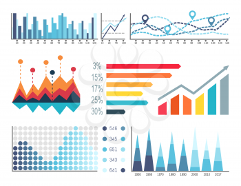 Infographics and scales with location signs set vector. Graphics charts, colorful visualization of data, statistics and analyze results in flowcharts