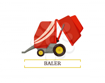 Baler agricultural device for compression of hay. Isolated icon vector and text device for squeezing and tighten, agriculture and farming machinery