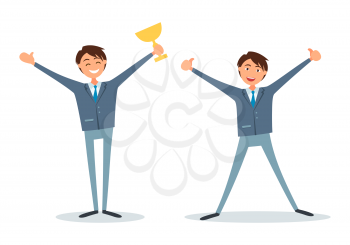 Man in business, successful people holding prize cup vector. Emotional boss with gold cup award for work. Success appraisal by others, happy manager