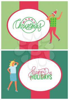 Happy Holidays, Merry Christmas greeting cards set vector. Man in Santa Claus hat dancing, dancer woman in blue dress and blouse, warm winter sweater