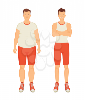 Man sportive and fat person isolated icons set vector. People with different body types. Obesity and sport guy smiling, healthy human happy of it