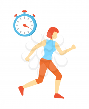 Woman running and clock isolated icon vector. Training female, trying to cope on time. Exercises for weight loss and body transformation improvement