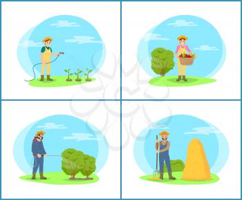 Farming woman working on plantation, watering plants vegetables. Harvesting person with wicker basket and man spraying bushes with insecticides vector